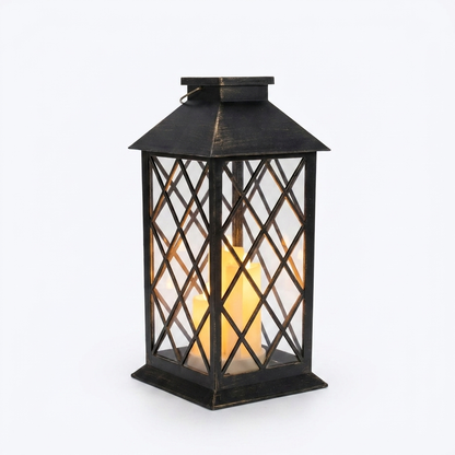 Solar hanging garden lantern with a glass-panelled metal frame and carry handle