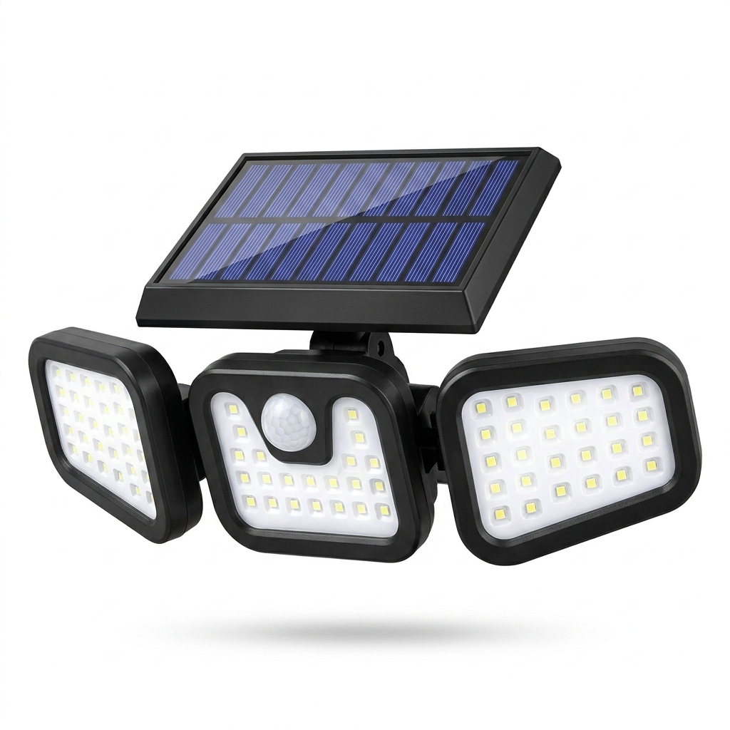 Solar motion sensor flood light with an integrated solar panel