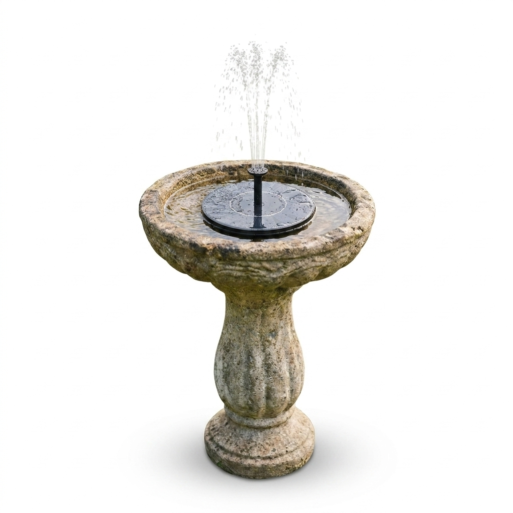 Floating solar bird bath fountain with a round solar disc