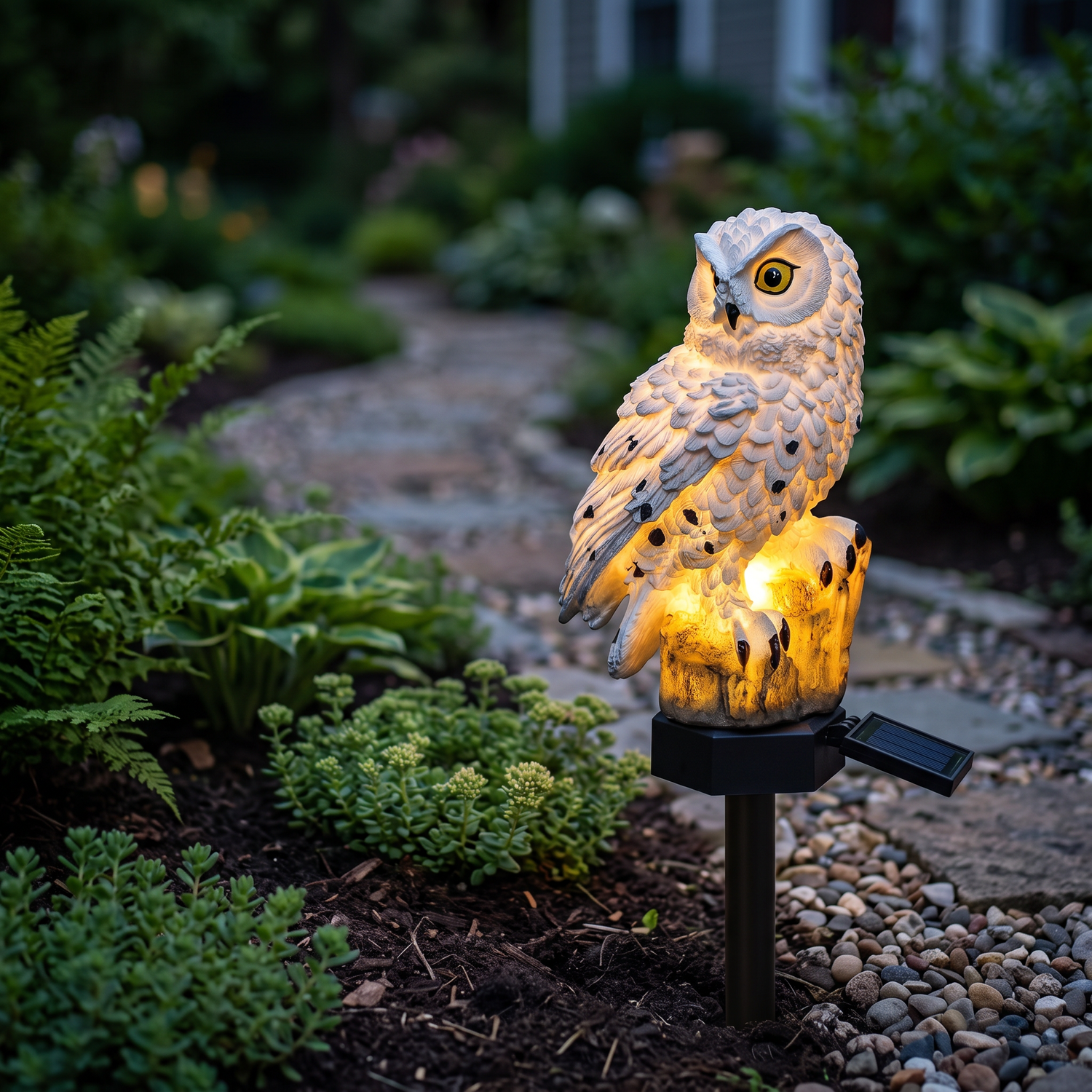 Solar owl stake light placed along a garden pathway