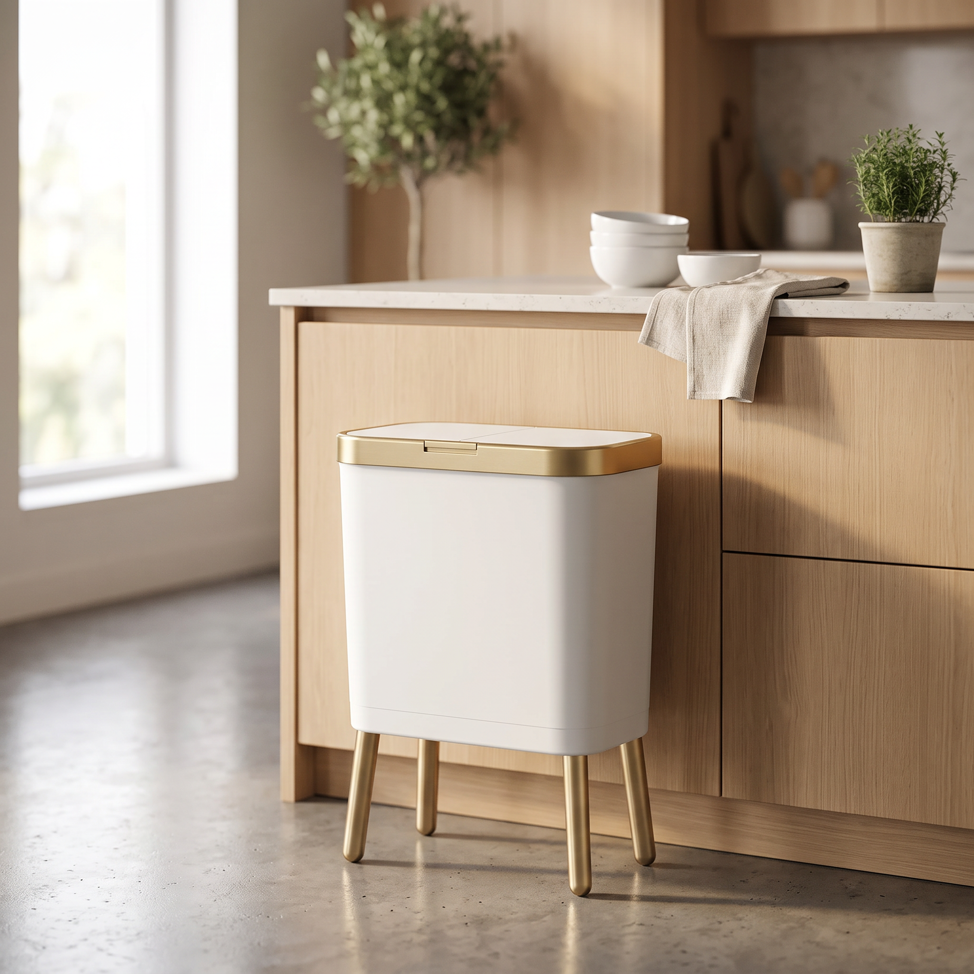 Odour-sealing kitchen trash can standing in a kitchen corner