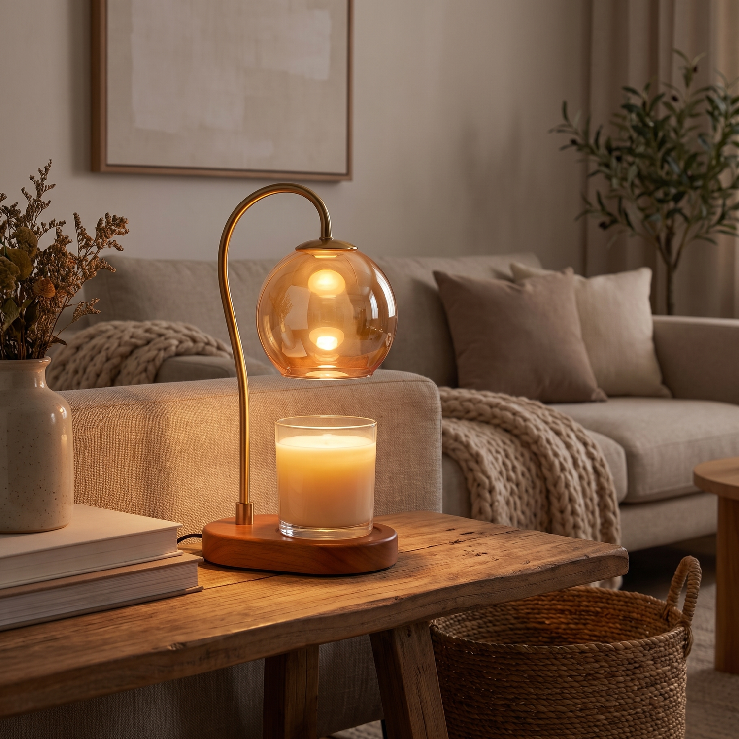 Candle warmer lamp shining down onto a candle on a side table