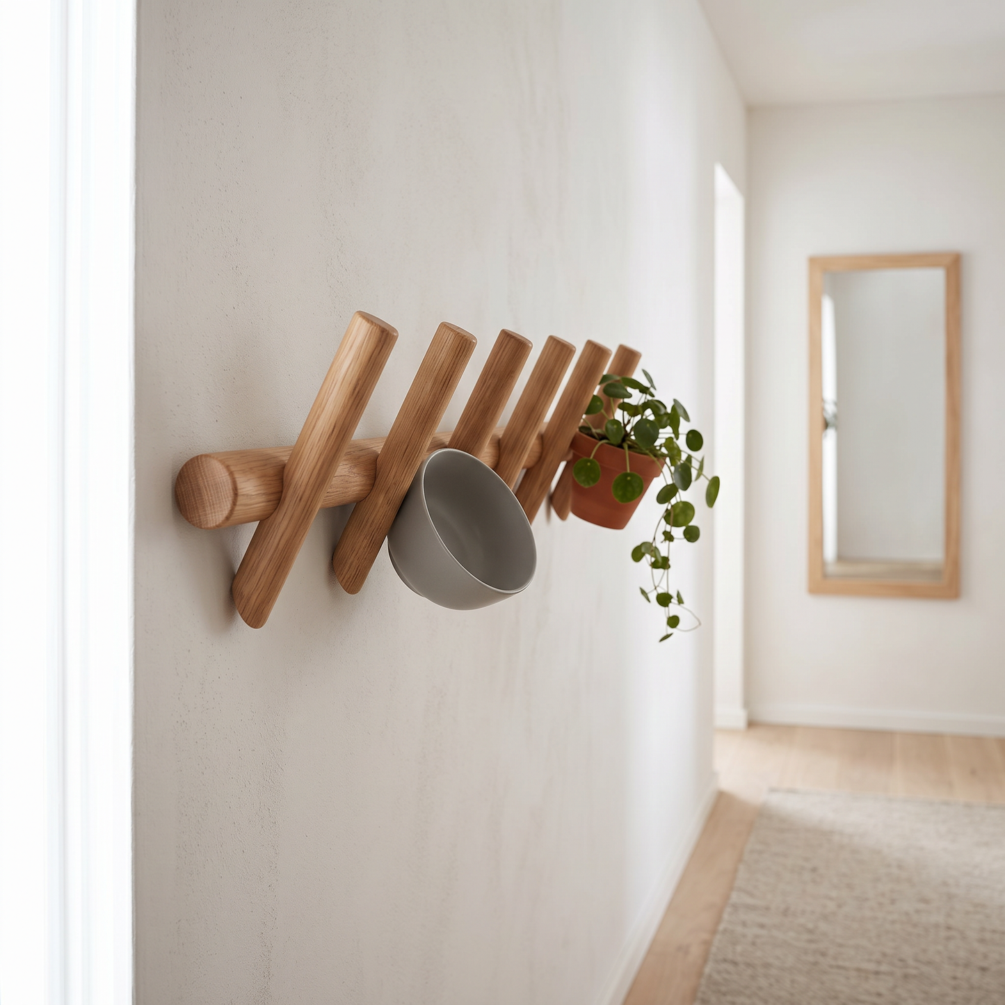 Scandinavian Oak Wall Rack by Same Side — mounted in a hallway, lifestyle photo 1