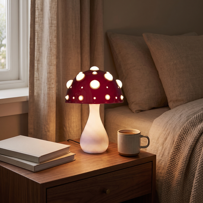 Modern LED dome table lamp lit on a bedside table