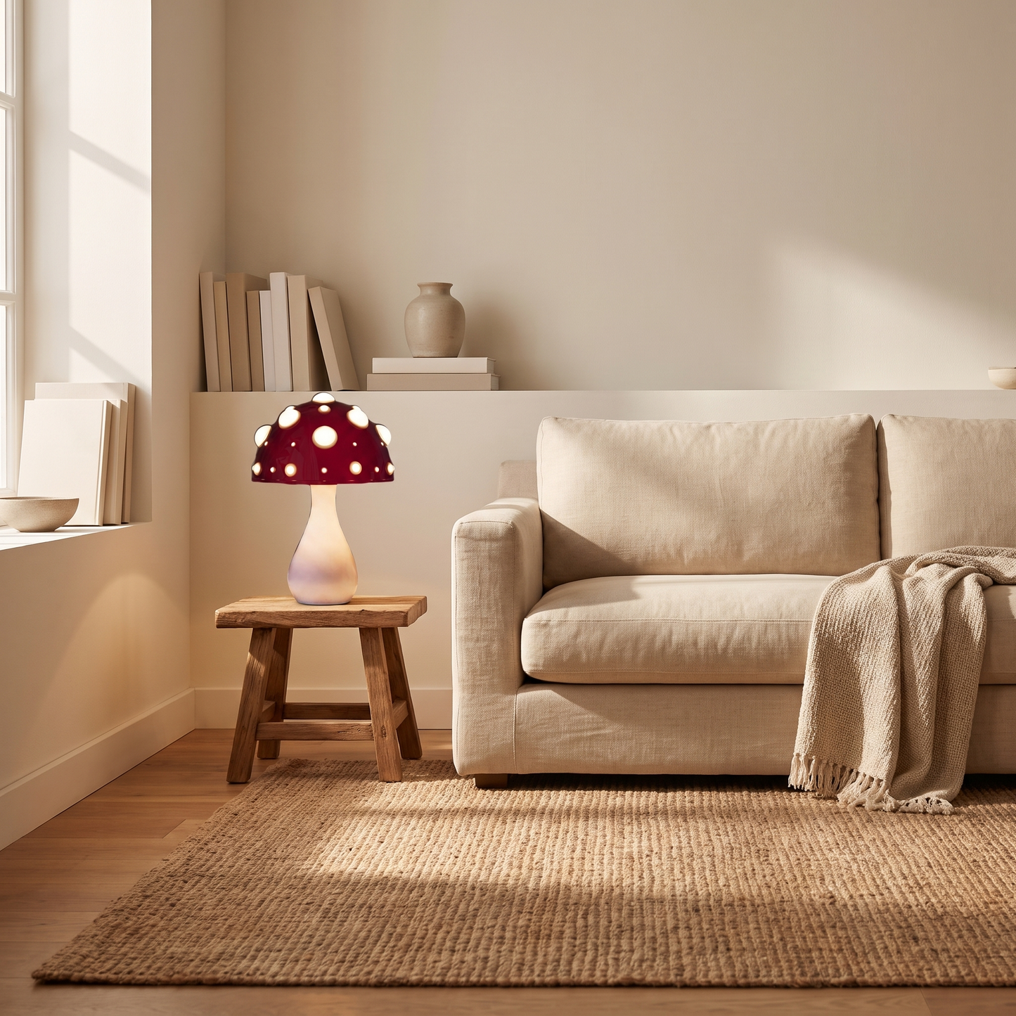 Modern LED dome table lamp glowing in a living room