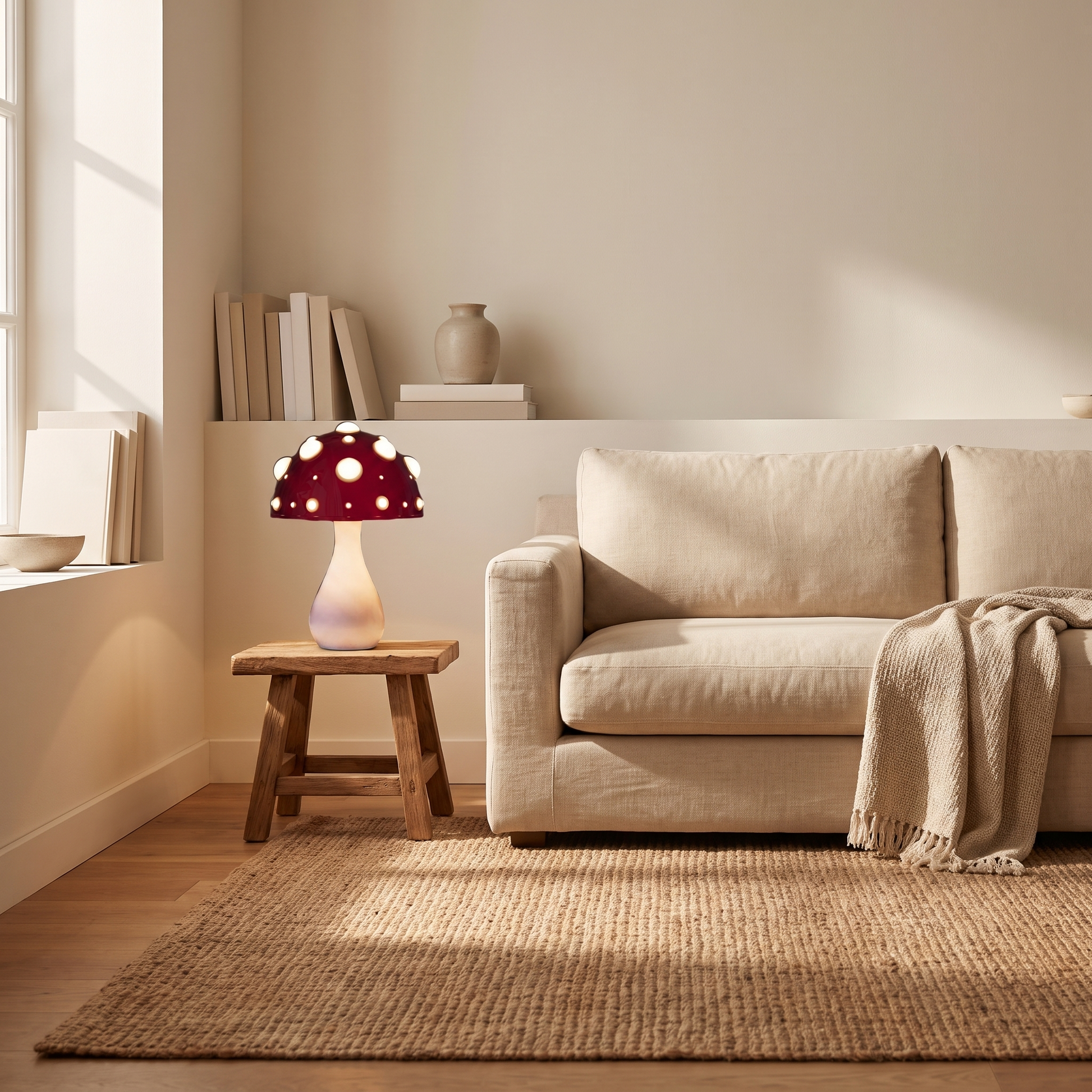 Modern LED dome table lamp glowing in a living room