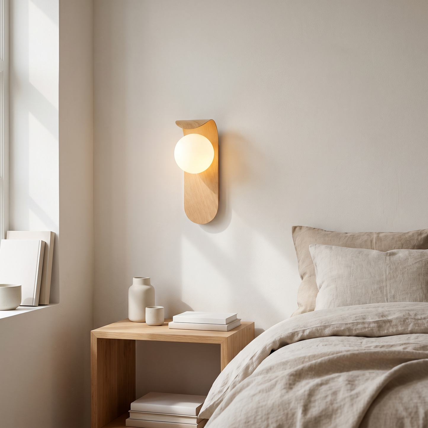 Scandinavian Minimalist LED Wall Lamp by Same Side — mounted beside a bed, lifestyle photo 1