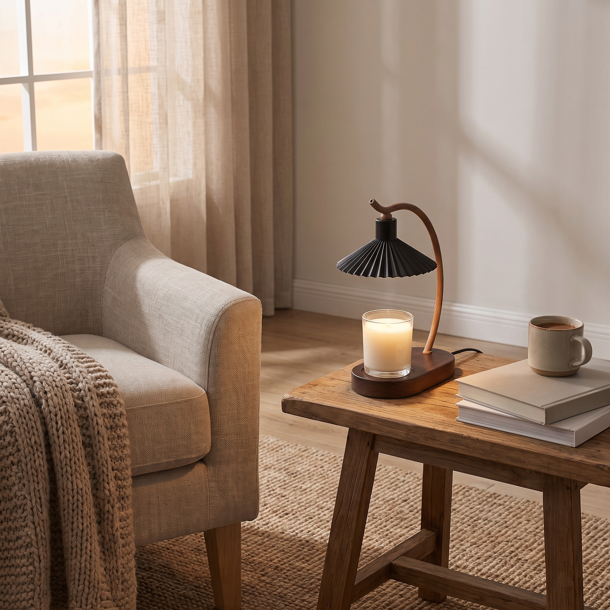 Nordic Candle Warmer Lamp by Same Side — warming a candle on a side table, lifestyle photo 1