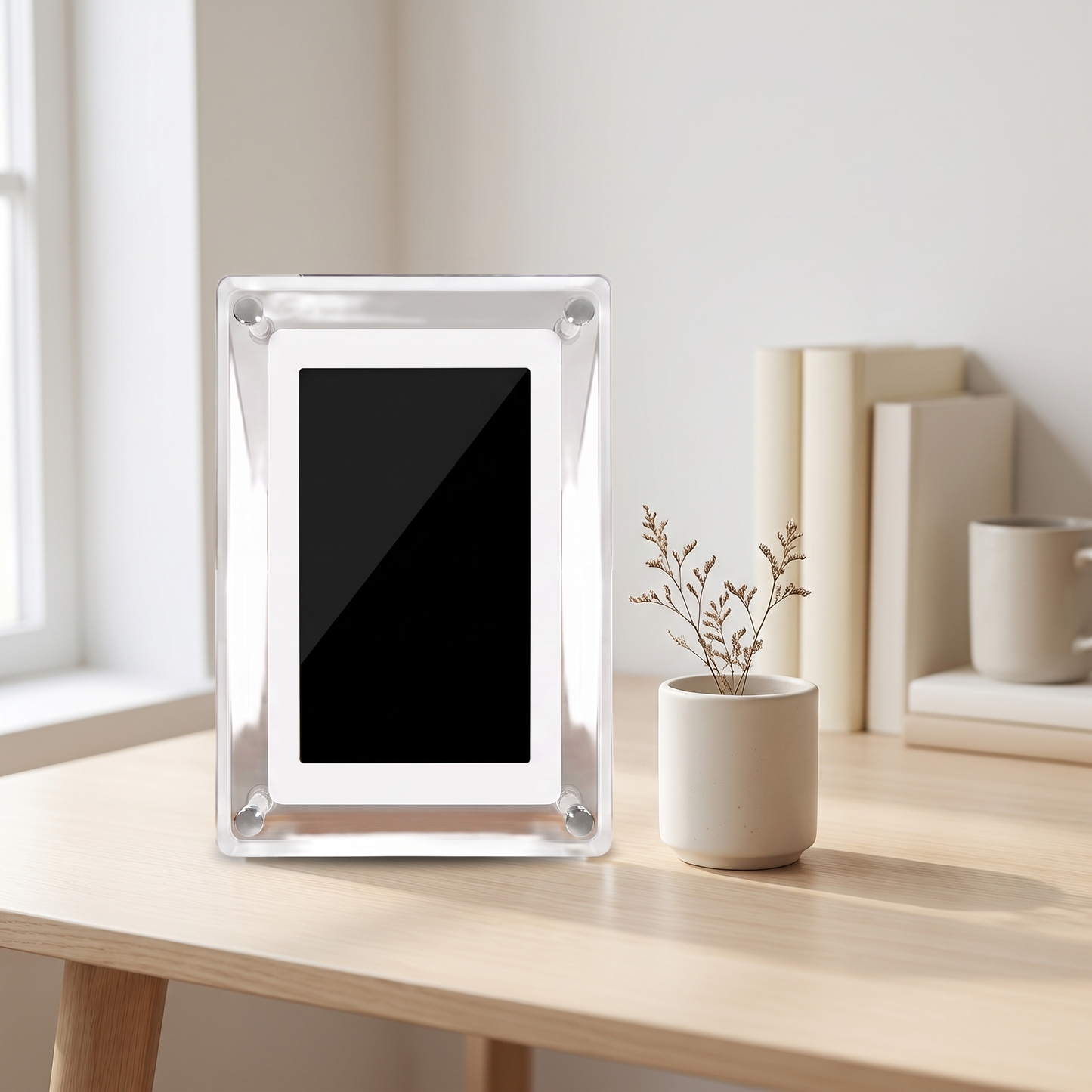 Acrylic Digital Photo Frame by Same Side — on a desk, lifestyle photo 1