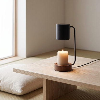 Wooden candle warmer lamp on a side table