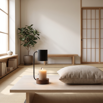 Wooden candle warmer lamp lit in a living room