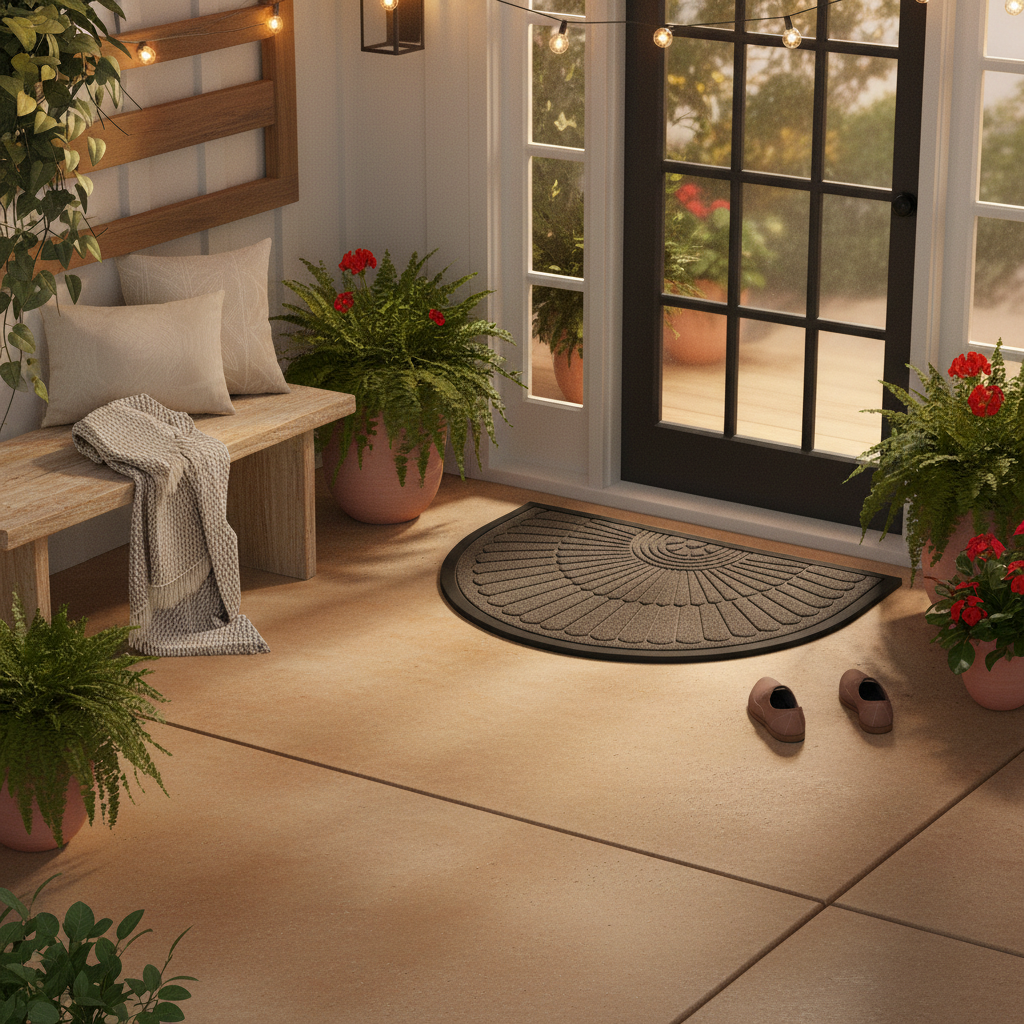 Semi-circle non-slip door mat resting on a hallway floor
