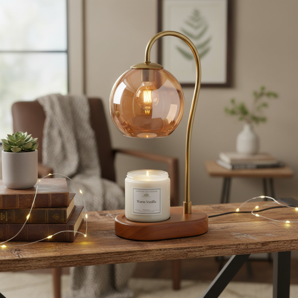 Adjustable candle warmer lamp standing on a desk
