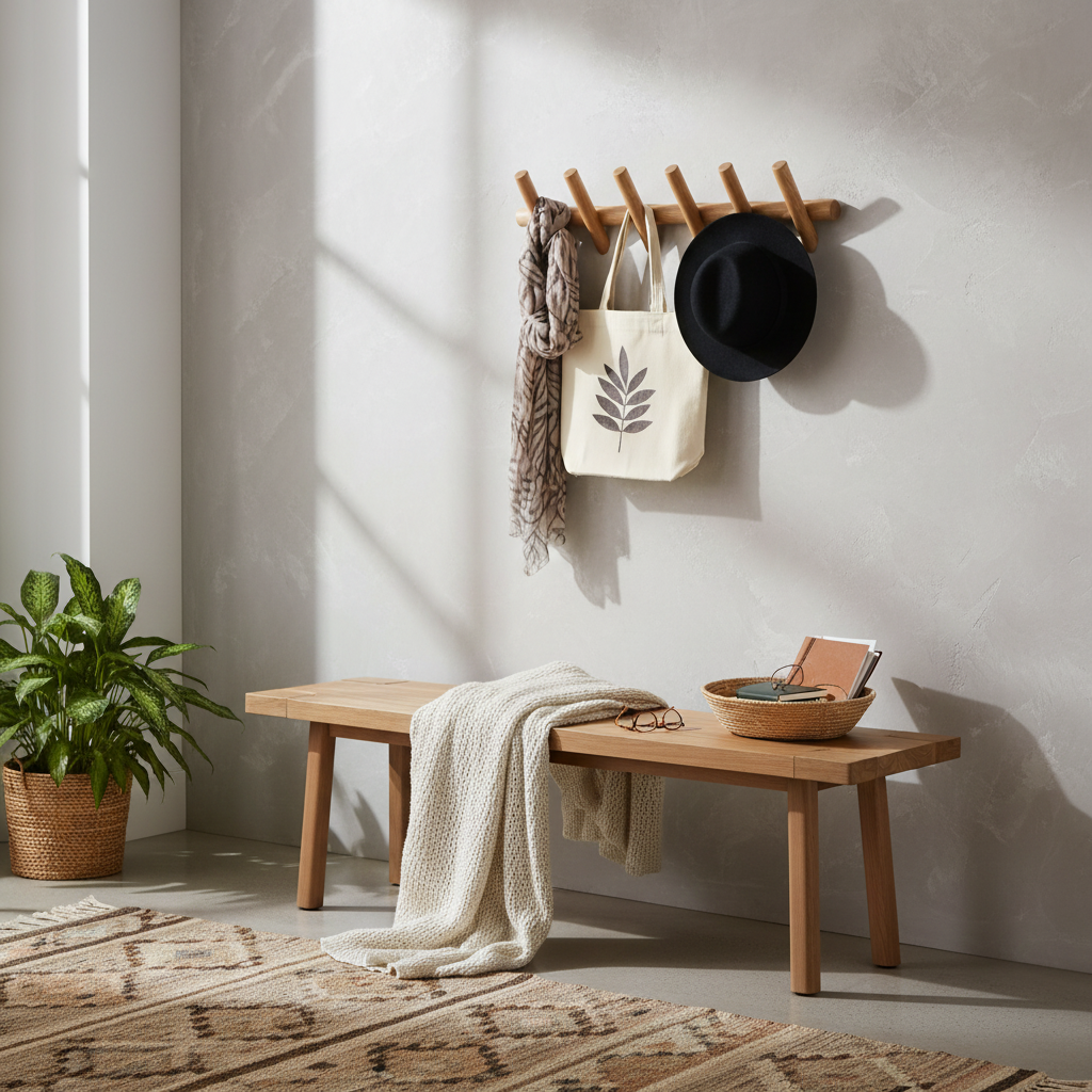 Scandinavian Oak Wall Rack by Same Side — mounted on a wall, lifestyle photo 3