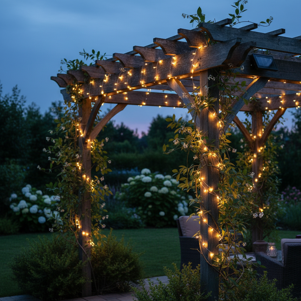Fairy string lights glowing around a patio at night