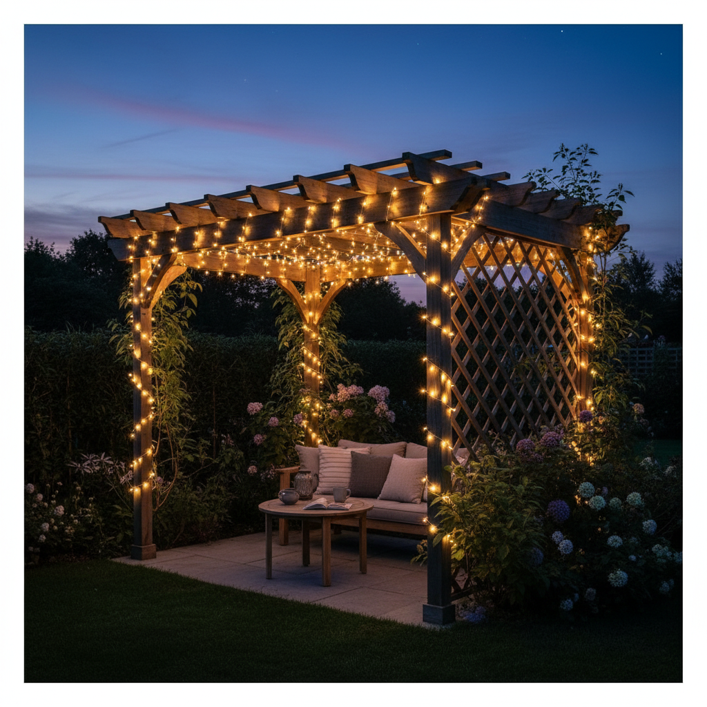 Solar fairy string lights draped along a garden fence
