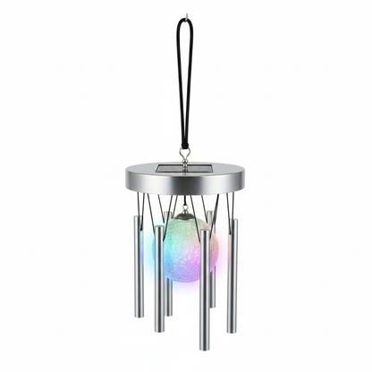 Solar LED colour-changing wind chimes with crackle glass ball on white background