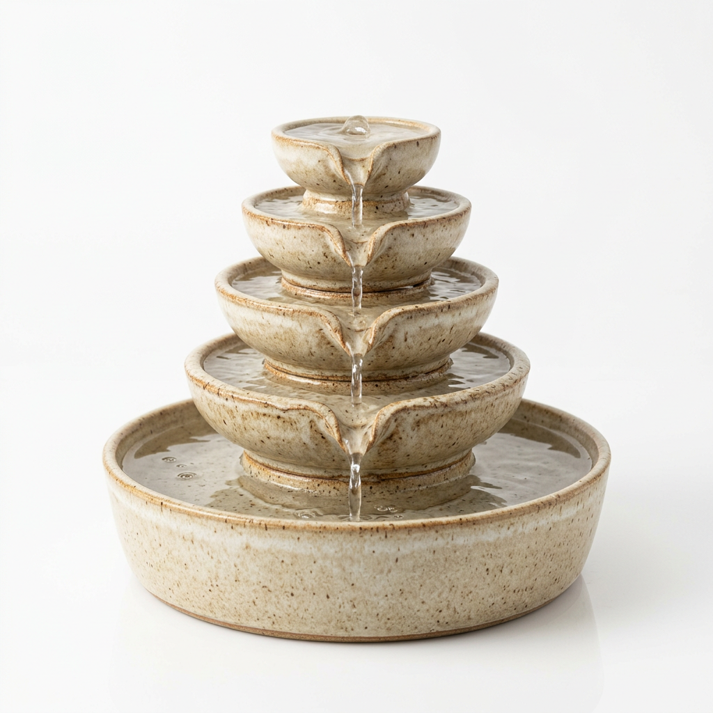 Ceramic tabletop water fountain on white background