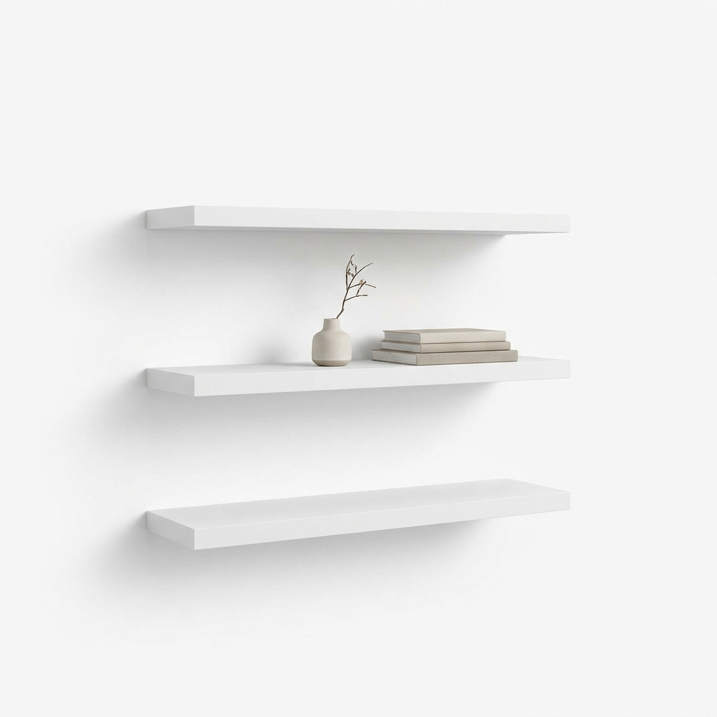 3-tier floating wall shelves set on white background