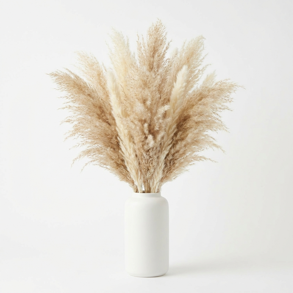 Pampas grass arrangement with vase on white background