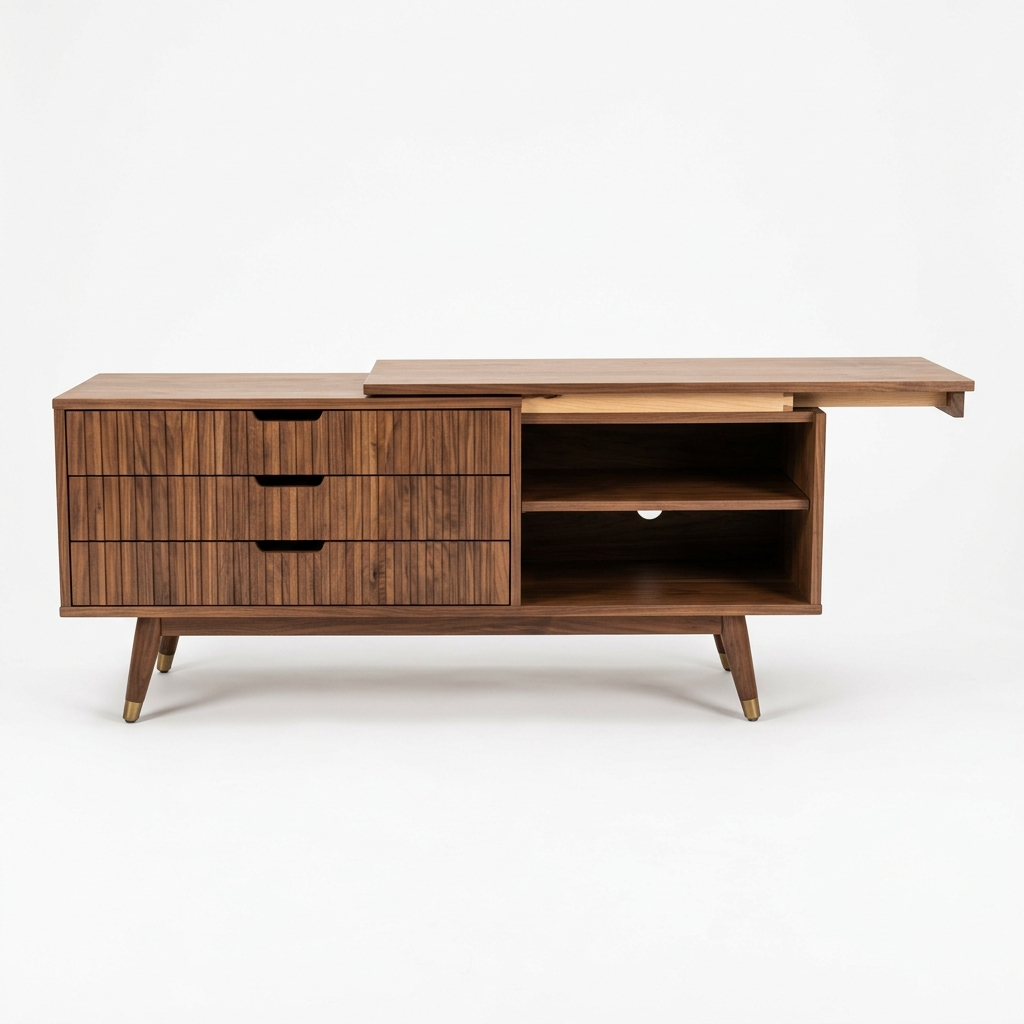 Walnut extendable TV stand on a white background