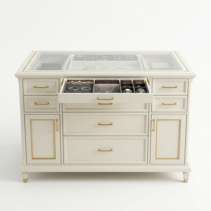 Ivory glass-top dresser island on a white background