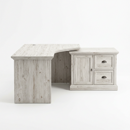 Whitewash L-shaped office desk on a white background