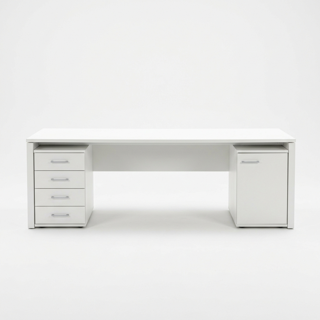 White two-person office desk on a white background