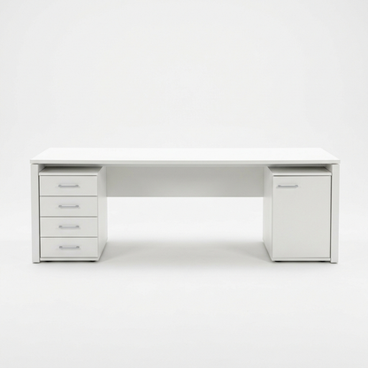White two-person office desk on a white background