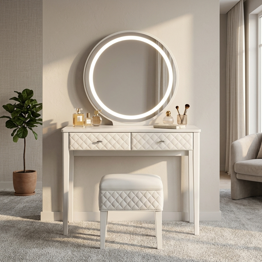 White leather makeup vanity set styled in a modern bedroom