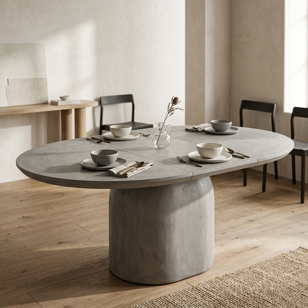 Concrete grey extendable pedestal dining table angled lifestyle view