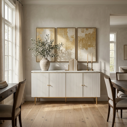 White fluted buffet sideboard with stone top styled in a room setting