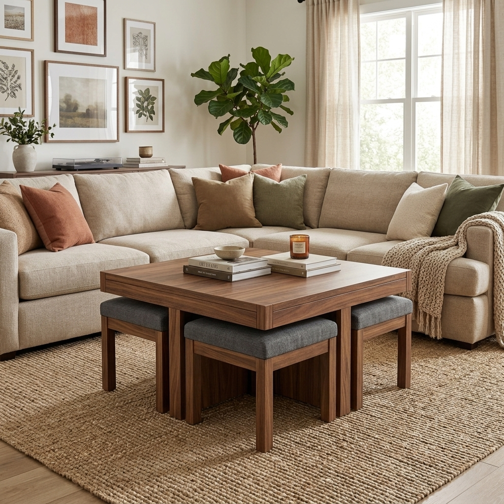 Walnut lift-top coffee table with stools styled in a room setting