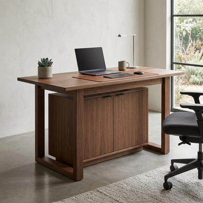 Walnut standing desk with storage cabinet angled lifestyle view