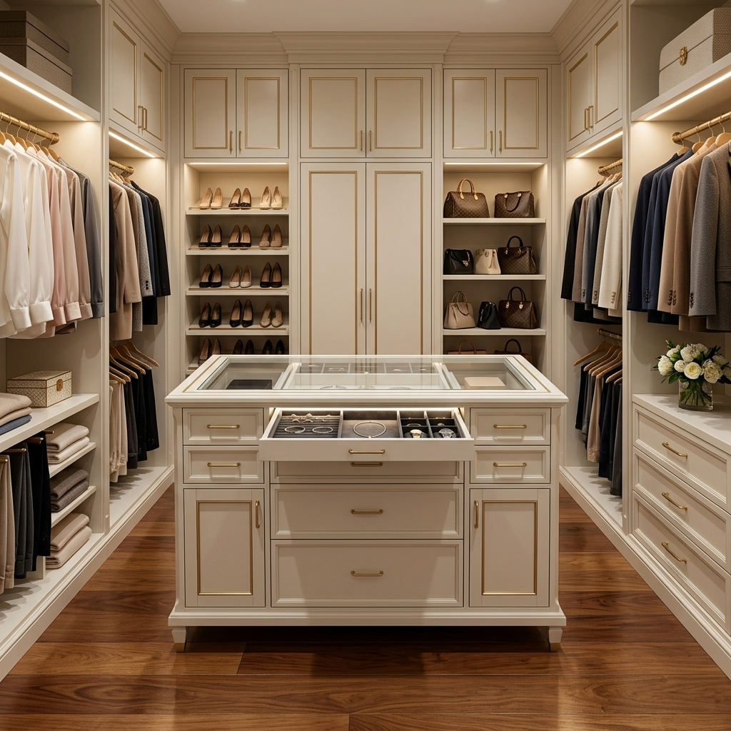 Ivory glass-top dresser island styled in a room setting