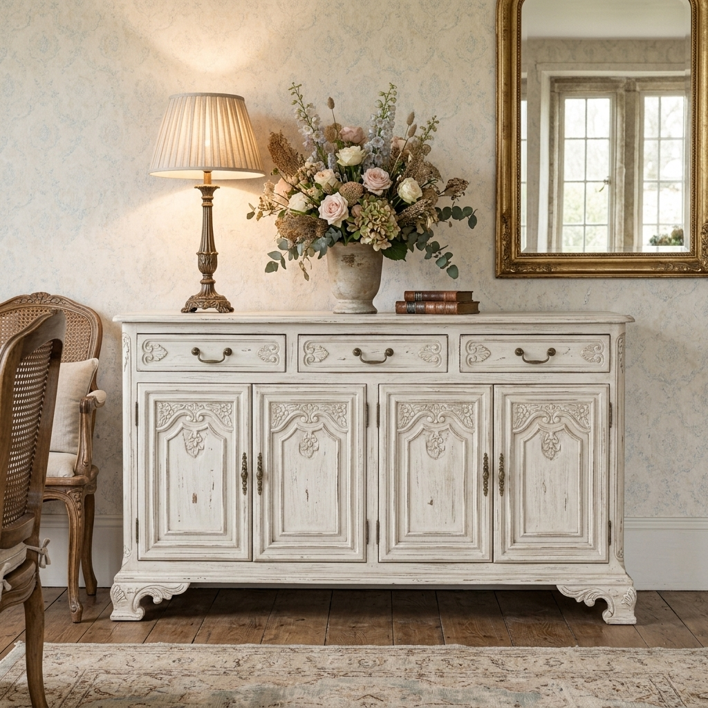 Distressed white French country sideboard styled in a room setting