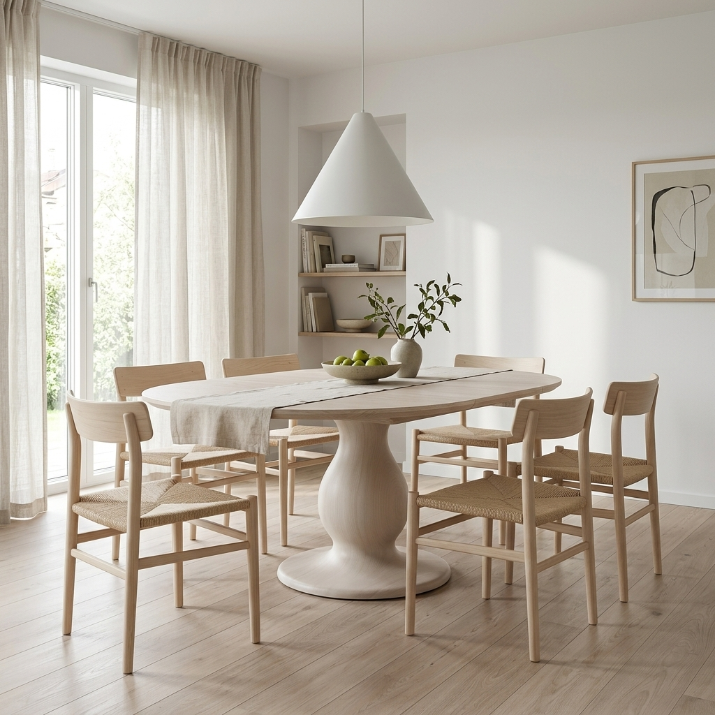 Whitewash extendable pedestal dining table styled in a room setting