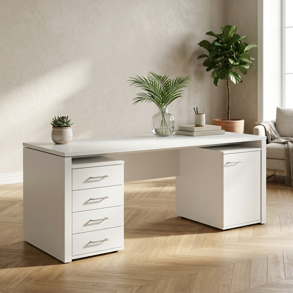 White two-person office desk angled lifestyle view