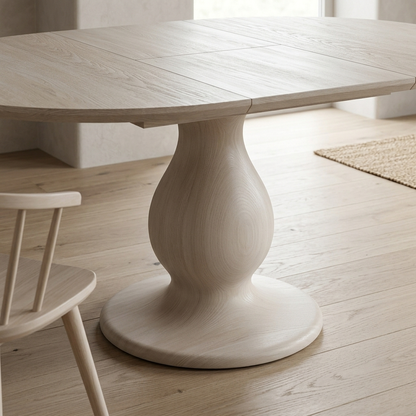 Whitewash extendable pedestal dining table close-up detail view