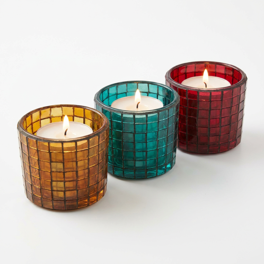Mosaic glass candle holders set of 3 on white background