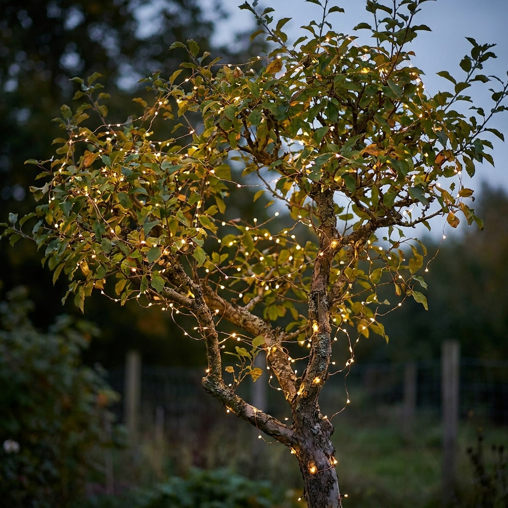 Solar fairy lights wound around a garden tree