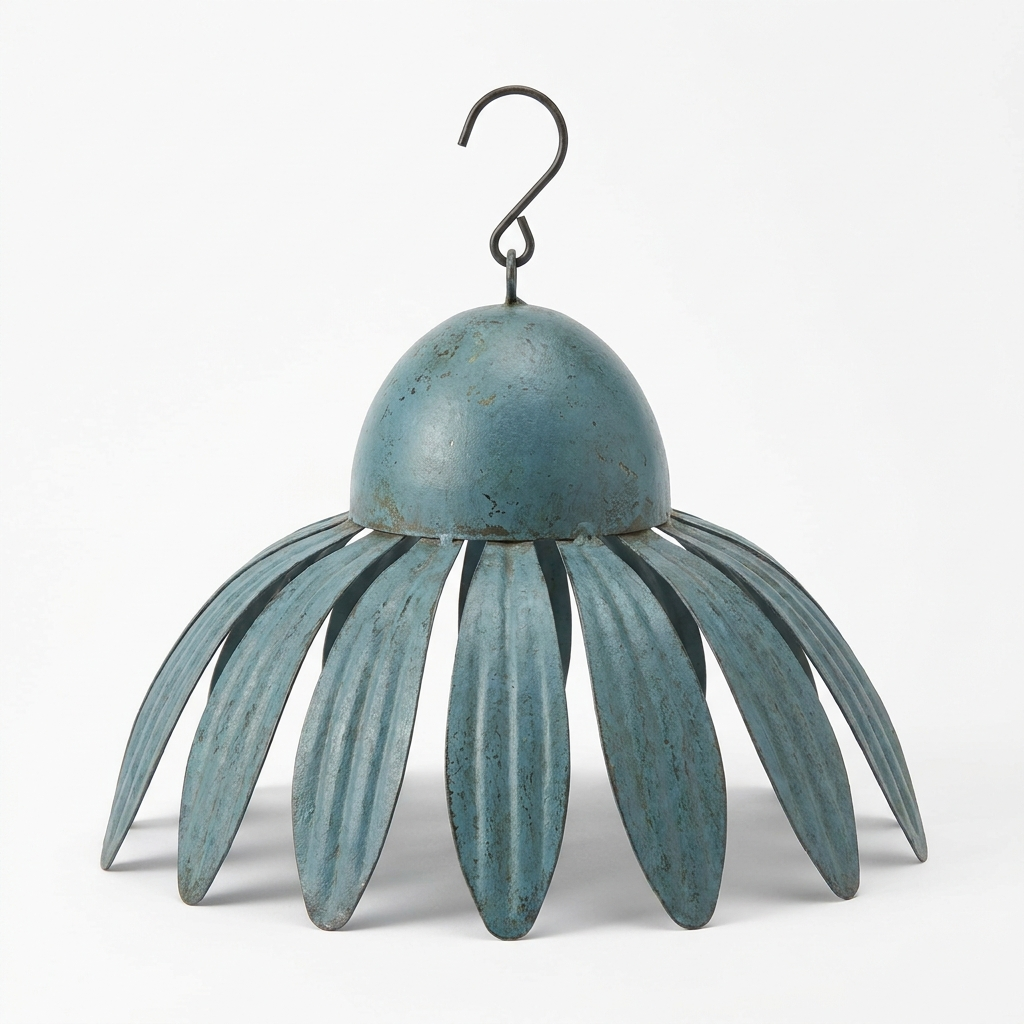 Coneflower shaped metal bird feeder on white background
