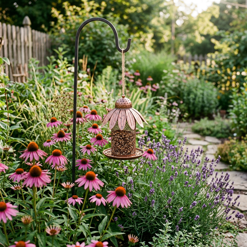 Coneflower bird feeder on a shepherds hook in a garden border