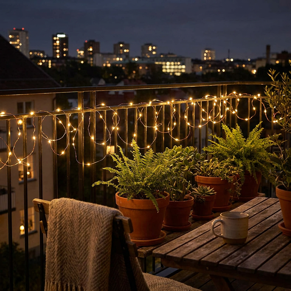 Solar fairy lights along a balcony railing at night