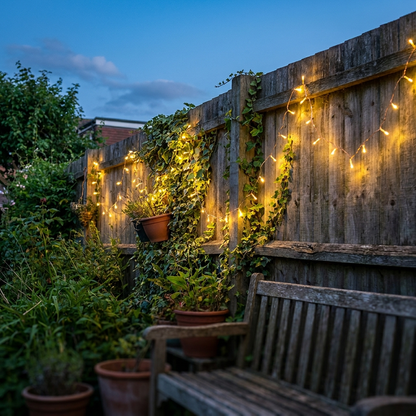 Solar fairy lights along a garden fence at dusk