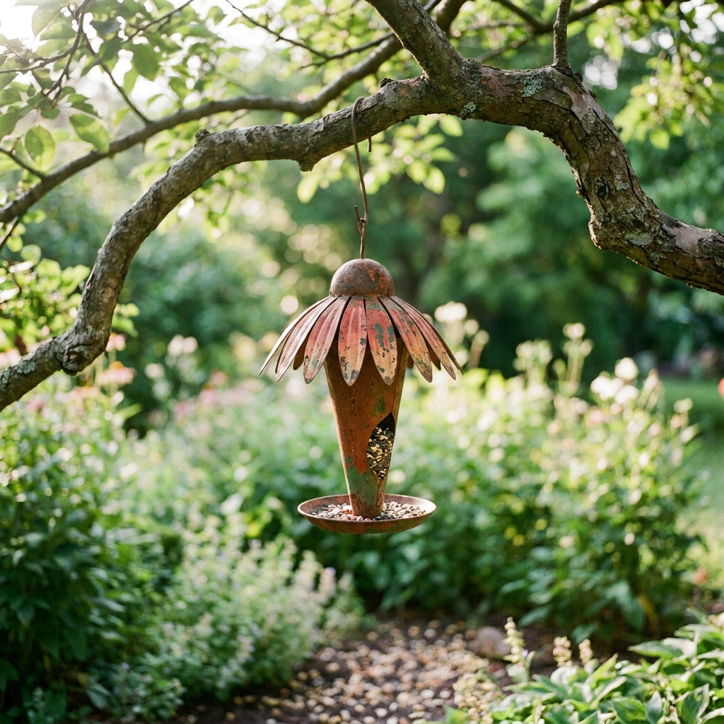 Coneflower bird feeder hanging from a tree branch
