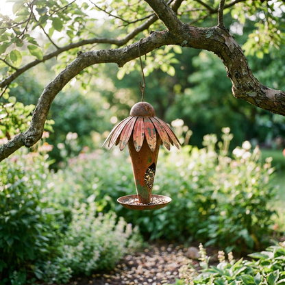 Coneflower bird feeder hanging from a tree branch