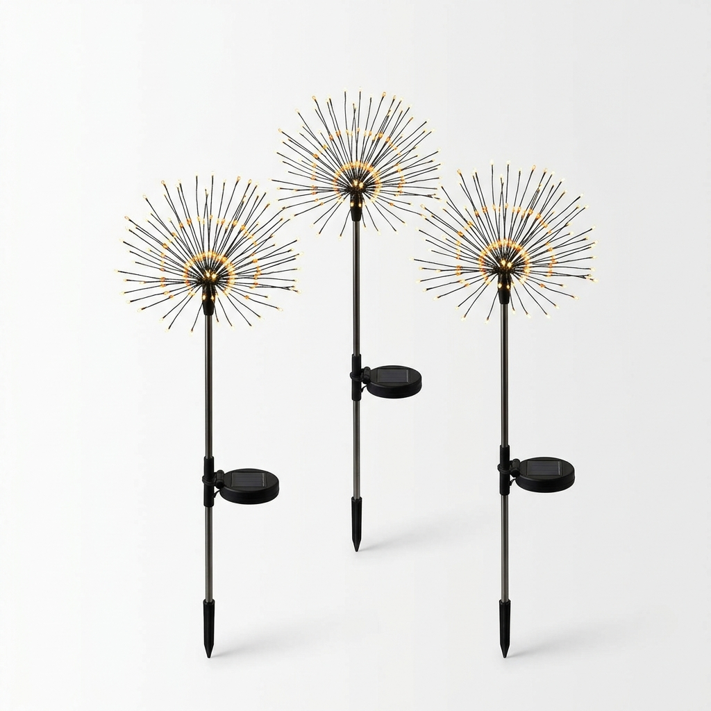 Firework burst solar garden stake lights on white background