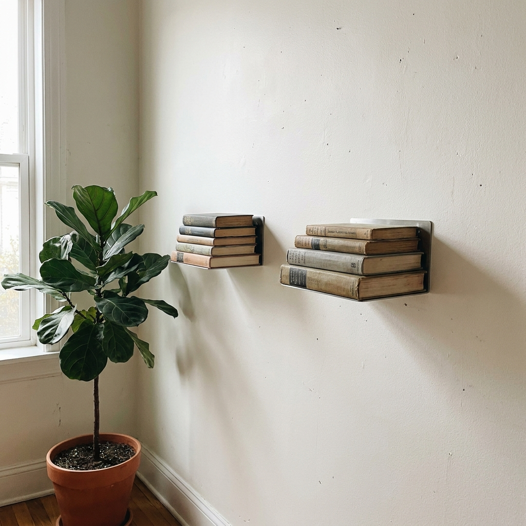 Floating bookshelves holding books on a white wall