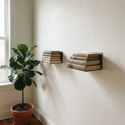 Floating bookshelves holding books on a white wall